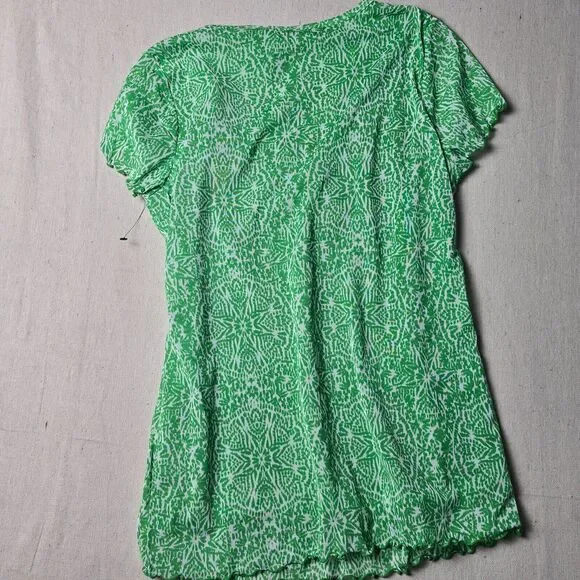 Lizwear Top Pull-On V-Neck Lined Ruffled Hem Short Sleeve Green/White Size M - Picture 2 of 9